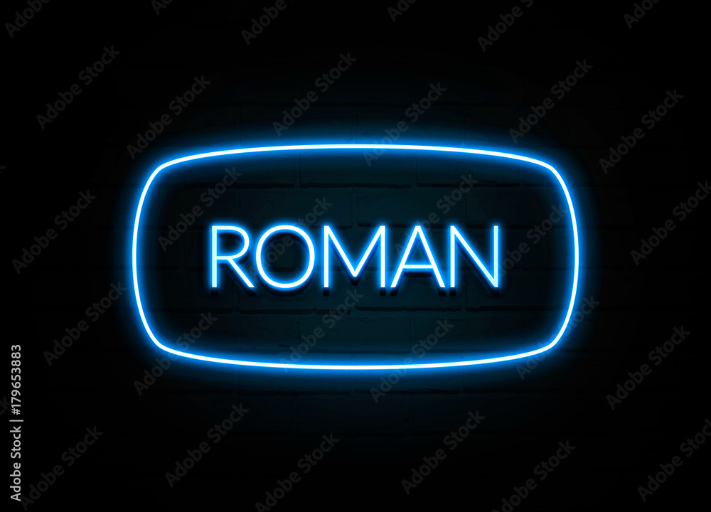 Roman - colorful Neon Sign on brickwall Roman - colorful Neon Sign on brickwall