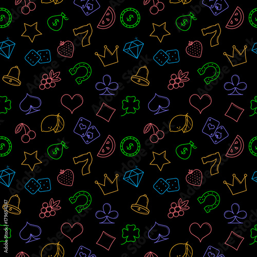 Casino symbols simple line style seamless pattern. Vector background