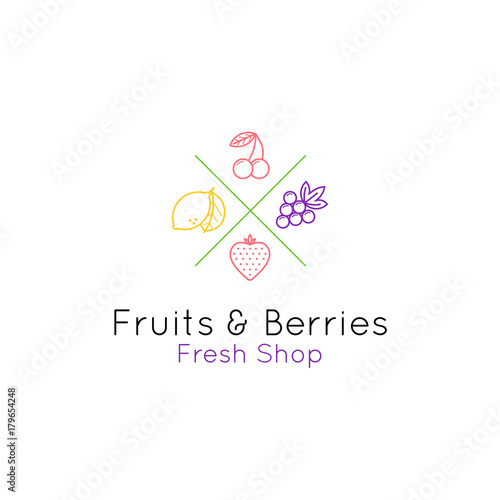 Fruits and berries line style logo for shop and cafe. Vector emblem