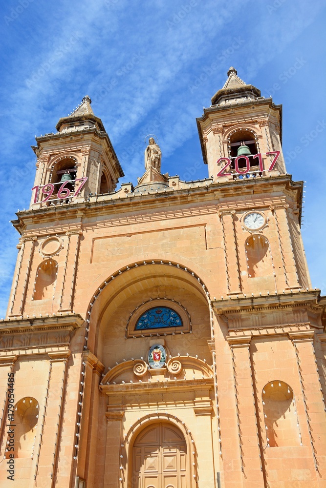 Front view of the parish church of Our Lady of Pompei, Marsaxlokk, Malta.