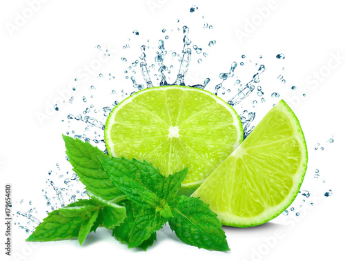 lime water splash and mint isolated 