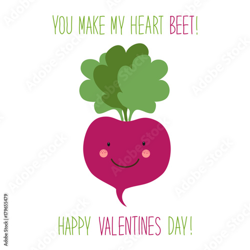 Cute unusual hand drawn Valentines Day card with funny cartoon characters of beet