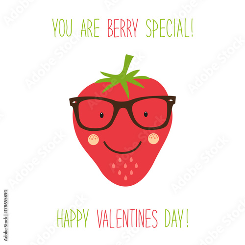 Cute unusual hand drawn Valentines Day card with funny cartoon characters of strawberry