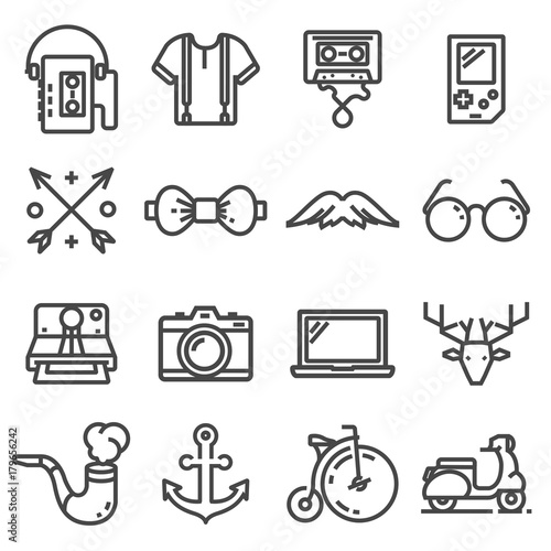 Vector hipster icons set. Liner illustration on white background