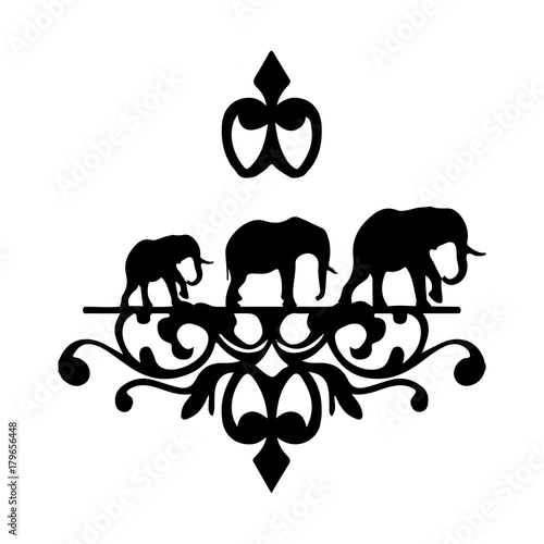Silhouette of elephants family, (ornate), on white background,