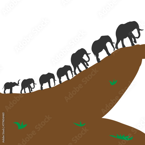 Silhouette of elephants of feng shui (seven pieces) go uphill, cartoon on white background,