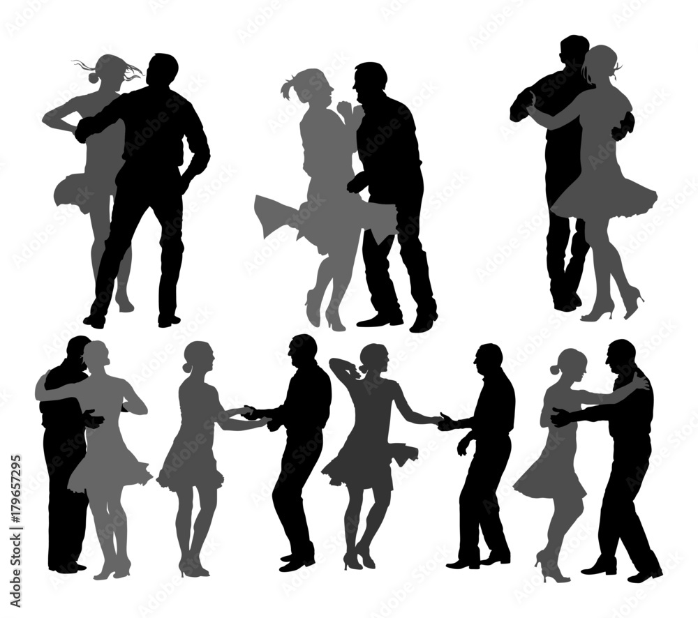 Elegant latino dancers couple vector silhouette illustration isolated on white background. Group of mature tango dancing people in ballroom night event. - obrazy, fototapety, plakaty 