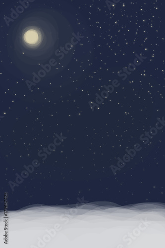 winter background. snow on the ground. blue sky, many stars or snowflakes and a full moon that illuminates the sky. Christmas or New Year postcard. workmanship or background. © zvkate