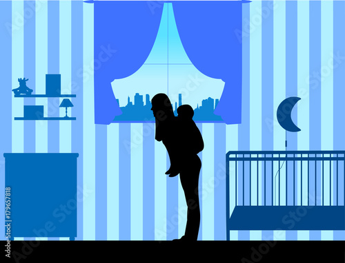 Mother carrying a child piggyback in kids room, one in the series of similar images silhouette