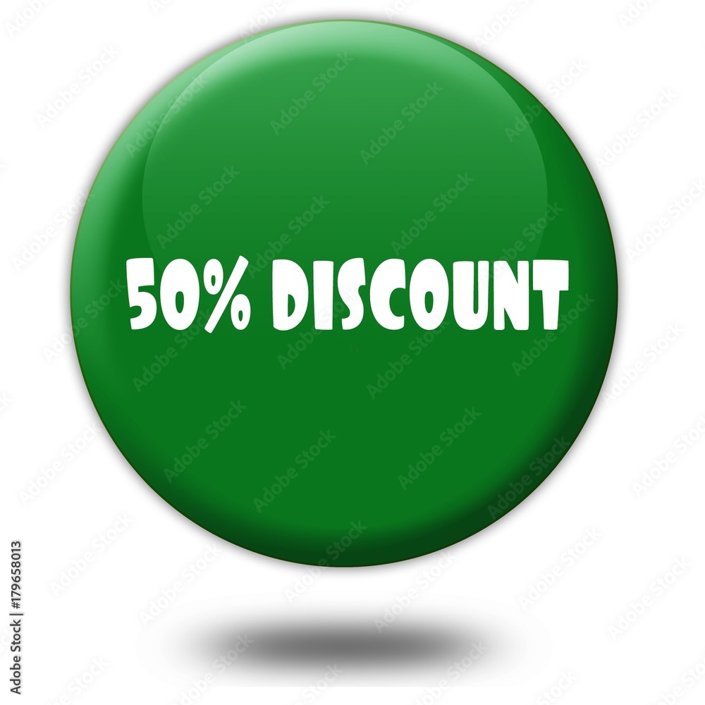 50 PERCENT DISCOUNT on green 3d button. 50 PERCENT DISCOUNT on green 3d button.