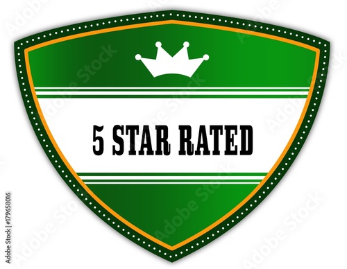 5 STAR RATED written on green shield with crown.