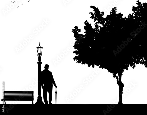 Young sexy man is standing and waiting for someone with umbrella in park, one in the series of similar images silhouette