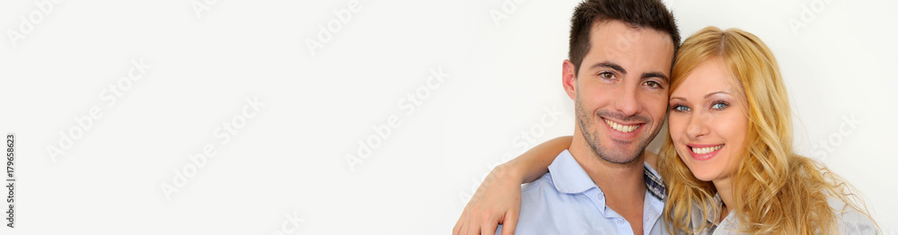 Sweet couple embracing on white background - banner template web Sweet couple embracing on white background - banner template web
