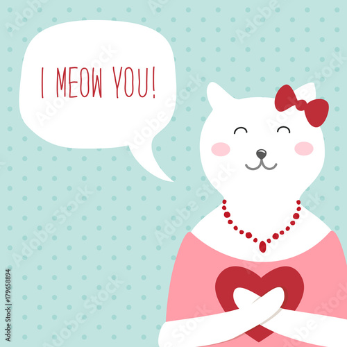 Cute retro hand drawn Valentine's Day card as funny Cat with Heart and speech bubble