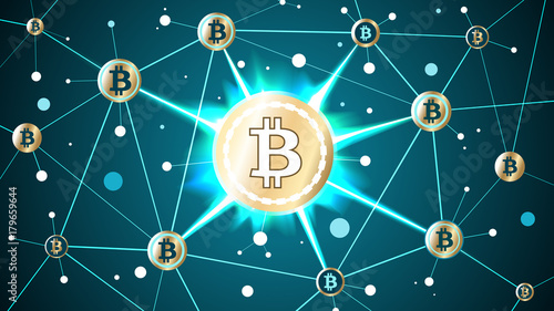 Golden bitcoin crypto currency and blockchain blue background, well organized layers