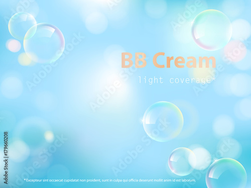 Advertising poster for cosmetic product, perfect bb cream providing light coverage, defocused blue background with colorful soap bubbles. Vector realistic design for packaging