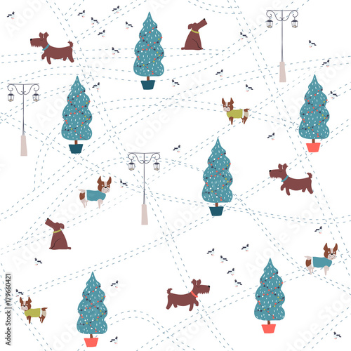 Vector Christmas tree and dog hand drawn seamless pattern