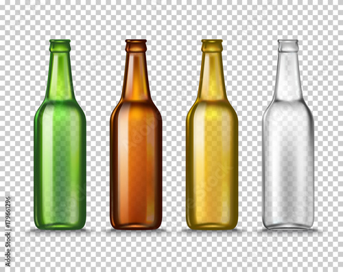 Realistic Green, brown, yellow and white empty glass beer bottles isolated on a transparent background. Vector illustration. Mock up template blank for product packing advertisement.