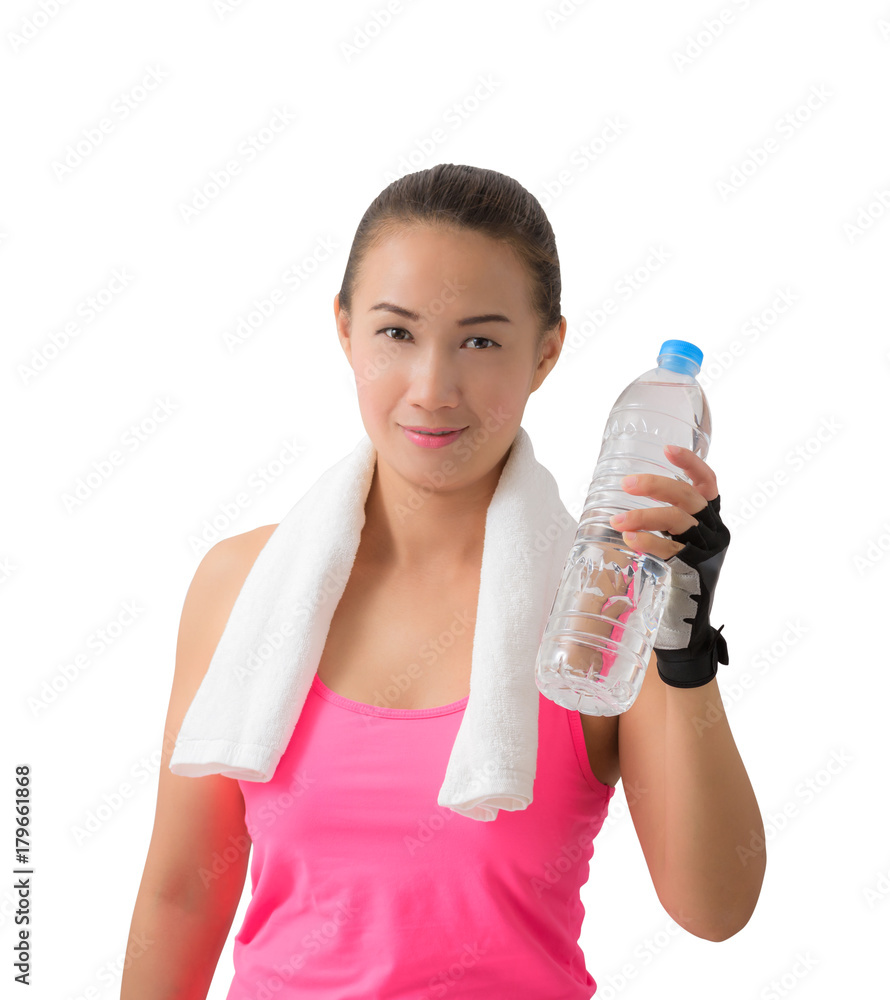 Fitness woman happy smiling holding water bottle Fitness woman happy smiling holding water bottle