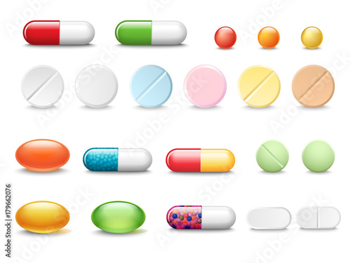 Set of vector realistic pills and capsules isolated on white background. Medicines, tablets, capsules, drug of painkillers, antibiotics, vitamins. Healthcare medical and vector illustration.