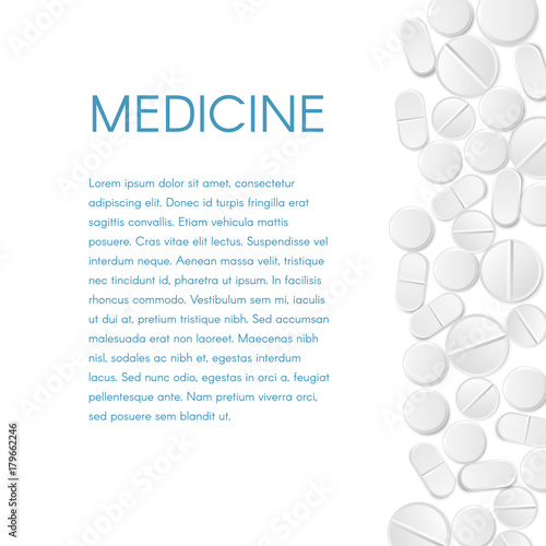 Medicine Pills Border Background. The scattered white round tablets from the right and text banner. Vector Design EPS 10