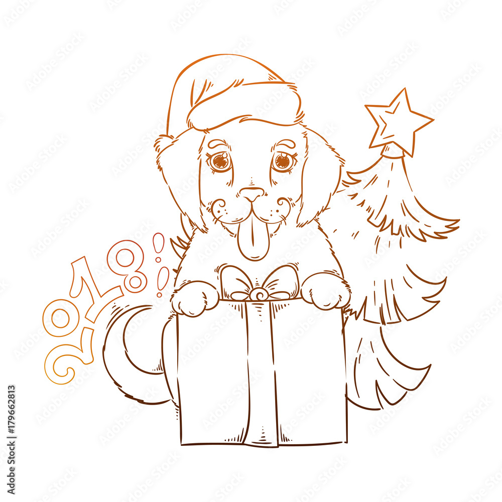 Fototapeta premium Yellow dog for New Year 2018, cute symbol of horoscope. Cute puppy in cartoon doodle style.