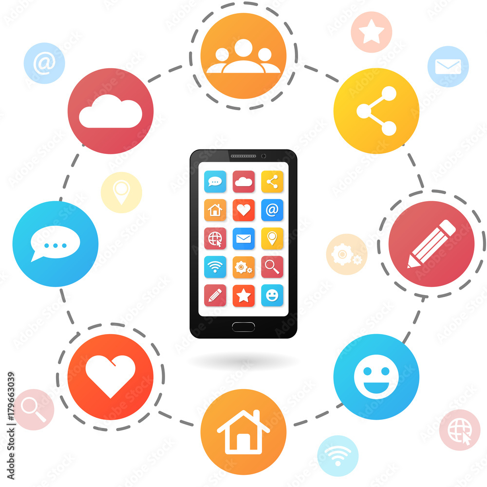 Set of social media icons with smartphone. Flat design style. Isolated on white background. Set of social media icons with smartphone. Flat design style. Isolated on white background.