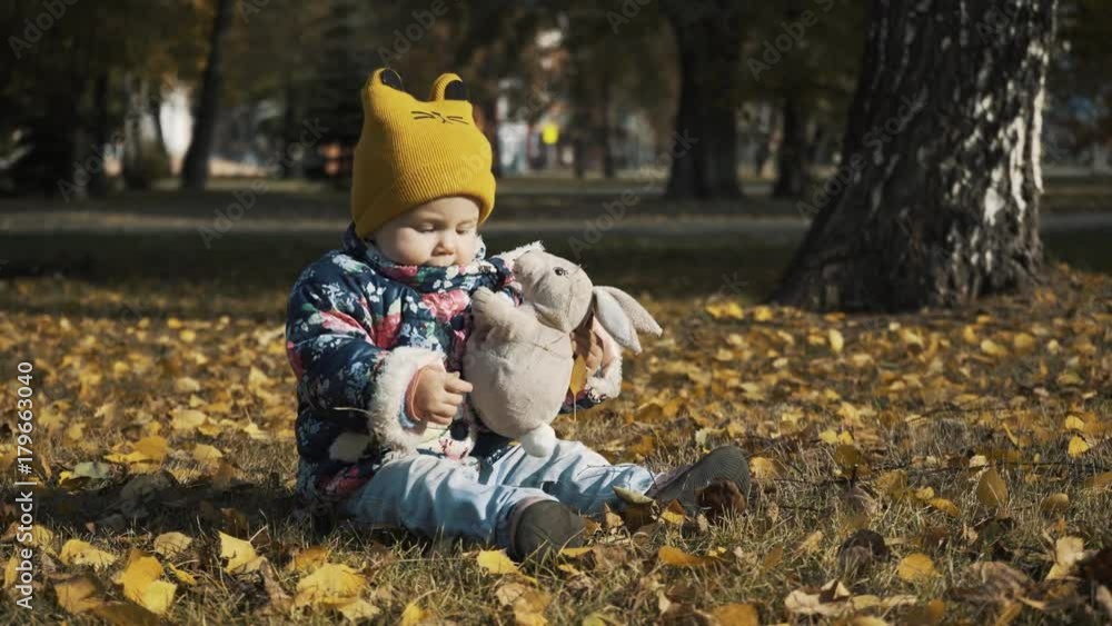 Small child playing in autumn park.Baby playing with yellow leaves.Little girl outdoors in autumn park.Portrait of a baby in autumn park. Small child playing in autumn park.Baby playing with yellow leaves.Little girl outdoors in autumn park.Portrait of a baby in autumn park.