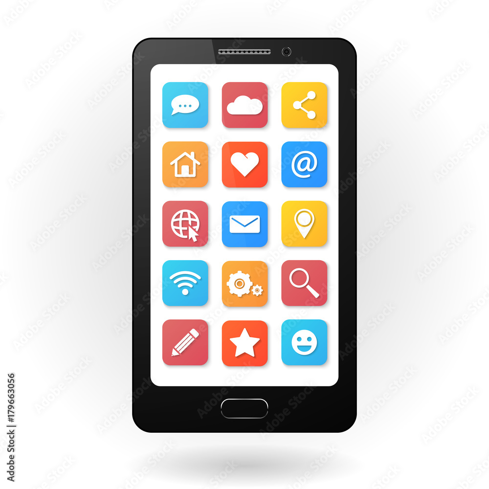 Set of social media icons with smartphone. Flat design style. Isolated on white background. Set of social media icons with smartphone. Flat design style. Isolated on white background.