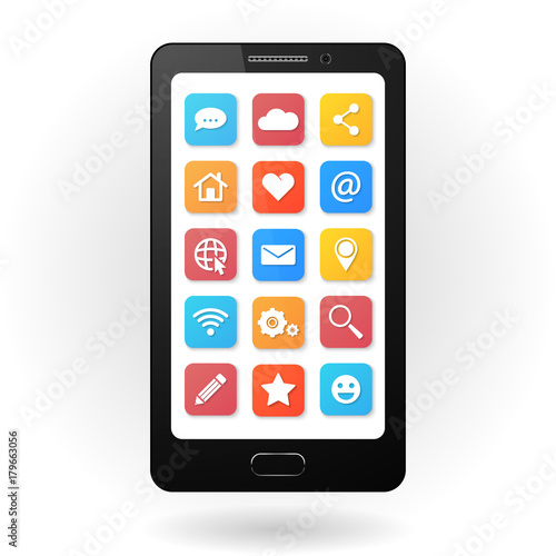 Set of social media icons with smartphone. Flat design style. Isolated on white background.