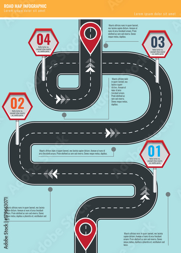 Trendy infographic template with road map using pointers and arrows. Illustrated vector.