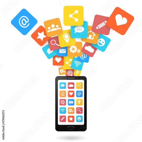Set of social media icons with smartphone. Flat design style. Isolated on white background.