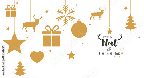 Carte de Noël avec boules dorées suspendues