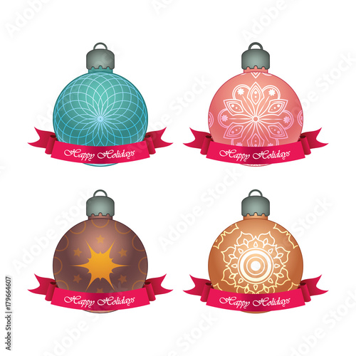 Collection of shiny Christmas baubles with banner