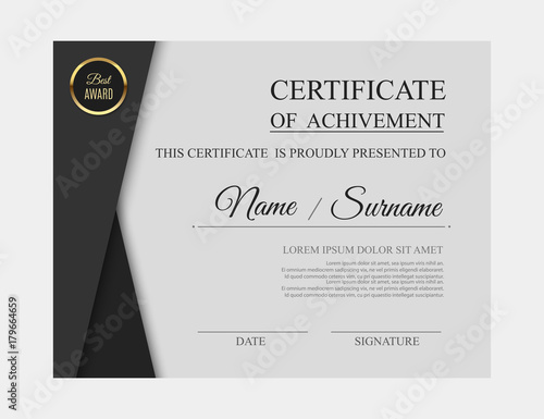 Gray luxury certificate of achivement template with golden award badge. Modern diploma blank