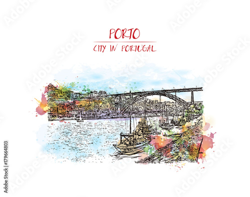 Watercolor splash with sketch of Porto, Portugal Douro river the and the Porto Bridge. Vector illustration.