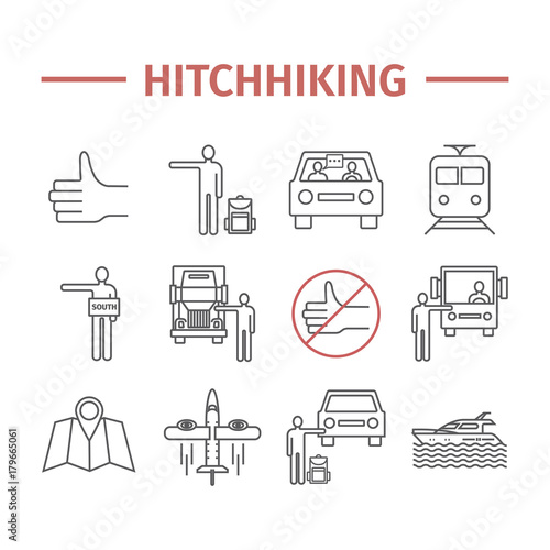 Hitchhiking line icons set. Hitchhiker. Vector travel sign