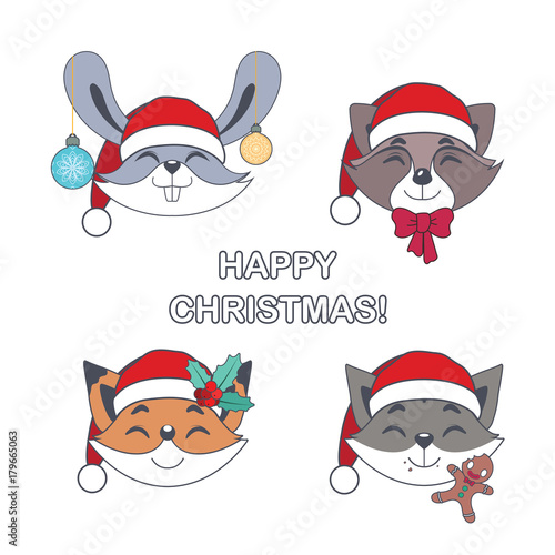 Set of jolly animals with Christmas elements