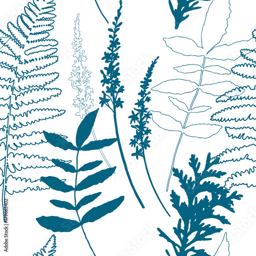 Floral vector seamless pattern with wild flowers, fern leaves and evergreen p...