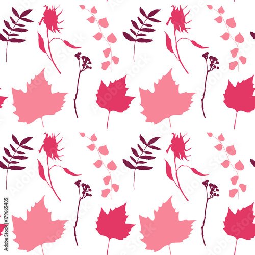 Floral vector seamless pattern with wild flowers, platan or maple and ivy leaves and twigs with berries.