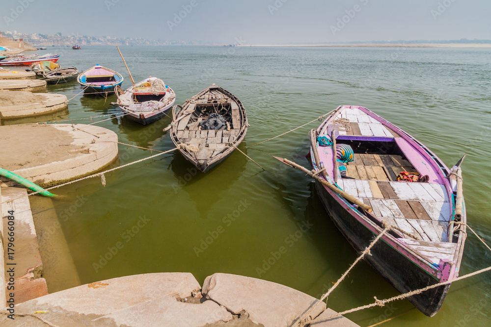 Small boats at River Ganges in Varanasi, India