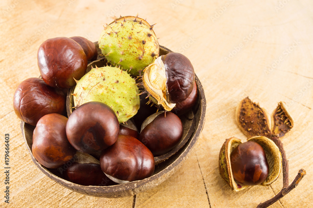 Wild chestnuts with shells in coconut bowl Wild chestnuts with shells in coconut bowl