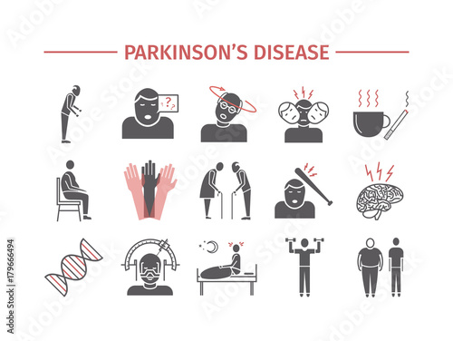 Parkinson's disease. Symptoms, Treatment. Flat icons set. Vector signs for web graphics.