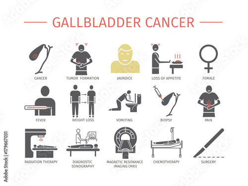 Gallbladder Cancer. Symptoms, Treatment. Flat icons set. Vector signs for web graphics.