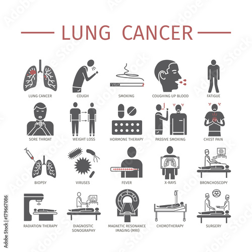 Lung Cancer. Symptoms, Causes, Treatment. Flat icons set. Vector signs for web graphics.