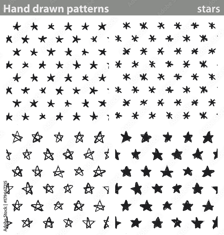 Naklejka premium Hand drawn patterns, stars. Four different seamless patterns made with hand drawn stars.