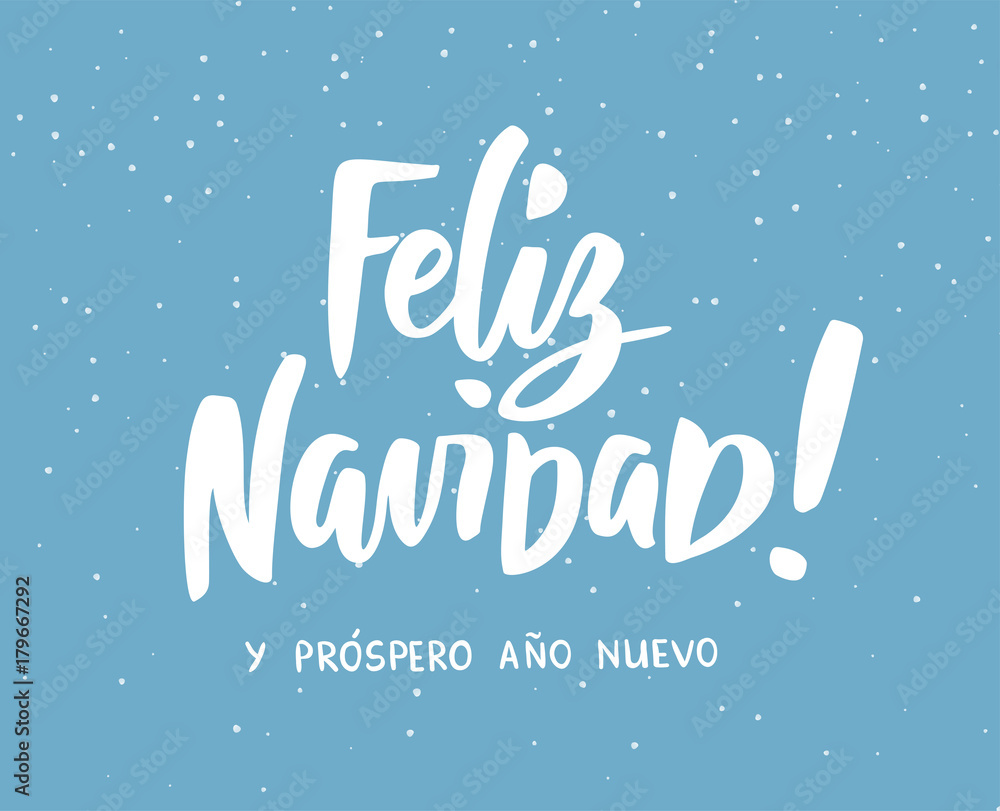 Feliz Navidad y Prospero Ano Nuevo - spanish Merry Christmas and Happy New Year text. Holiday greetings quote. Winter background with falling snow effect.