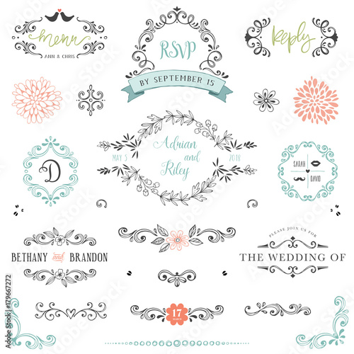 Hand drawn rustic Save the Date and Wedding collection with typographic design elements. Ornate motives, branches, wreaths, monograms, frames and flowers. photo