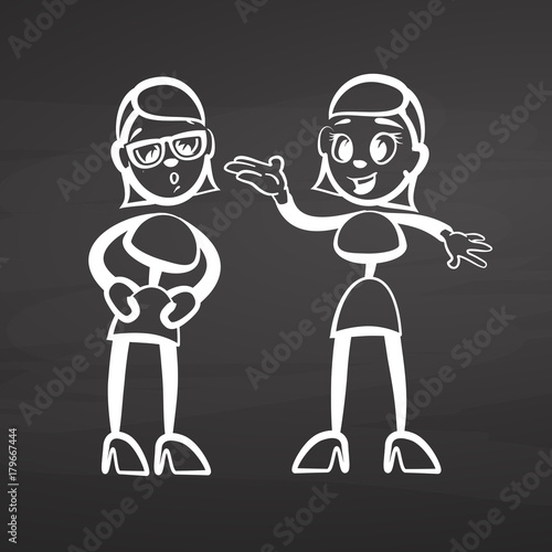 Stick men gossip sketch on chalkboard