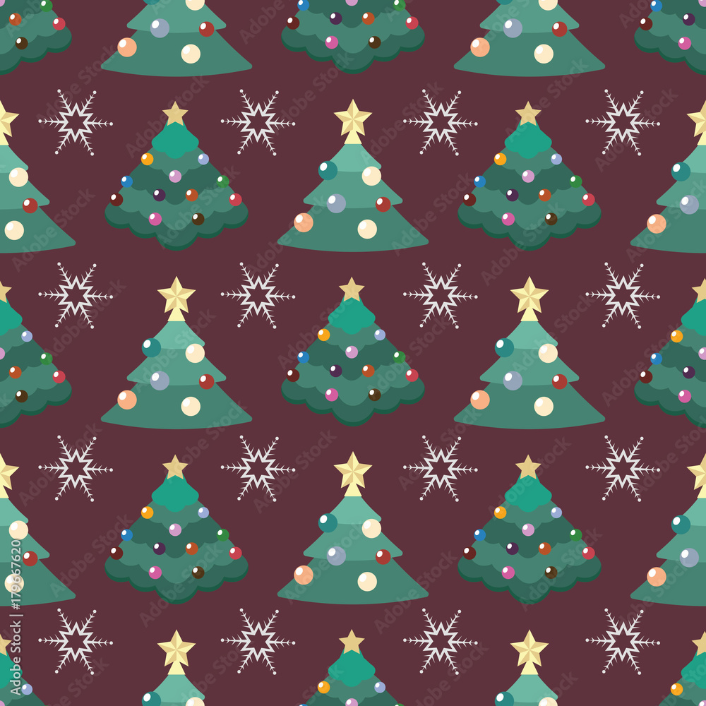 Seamless pattern with Christmas trees and snowflake